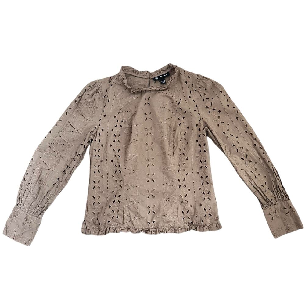INC International Concepts Eyelet Blouse Tan Cotton Ruffle Neck Puff Sleeve M